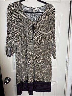 Tacera Black and Cream Geometric Midi Dress with Zip Detail